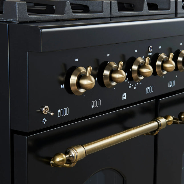 Forno Antico 48-Inch Freestanding Gas Range, Black, Antique Brass Design, 8 Burners, Griddle, Double Ovens, Energy Efficient FORNO
