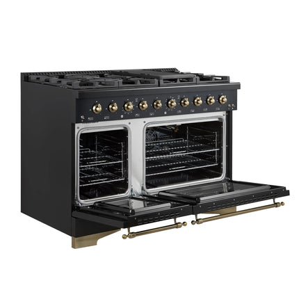 Forno Antico 48-Inch Freestanding Gas Range, Black, Antique Brass Design, 8 Burners, Griddle, Double Ovens, Energy Efficient FORNO