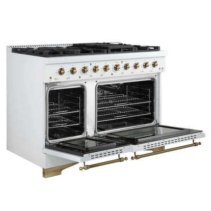 Forno Antico 48-Inch Freestanding Gas Range, White, Antique Brass Design, 8 Burners, Griddle, Double Ovens, Energy Efficient FORNO