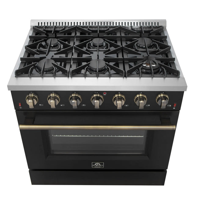 Forno Galiano 36-inch Freestanding Gas Range in Black with Antique Brass Design, 6 Burners, 83,000 BTU, 5.36 cu.ft. Convection Oven FORNO