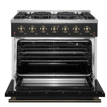 Forno Galiano 36-inch Freestanding Gas Range in Black with Antique Brass Design, 6 Burners, 83,000 BTU, 5.36 cu.ft. Convection Oven FORNO