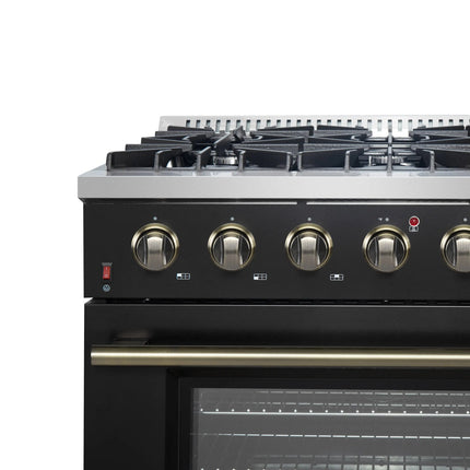 Forno Galiano 36-inch Freestanding Gas Range in Black with Antique Brass Design, 6 Burners, 83,000 BTU, 5.36 cu.ft. Convection Oven FORNO