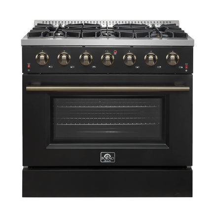 Forno Galiano 36-inch Freestanding Gas Range in Black with Antique Brass Design, 6 Burners, 83,000 BTU, 5.36 cu.ft. Convection Oven FORNO
