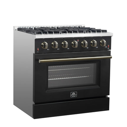 Forno Galiano 36-inch Freestanding Gas Range in Black with Antique Brass Design, 6 Burners, 83,000 BTU, 5.36 cu.ft. Convection Oven FORNO