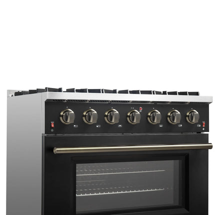 Forno Galiano 36-inch Freestanding Gas Range in Black with Antique Brass Design, 6 Burners, 83,000 BTU, 5.36 cu.ft. Convection Oven FORNO