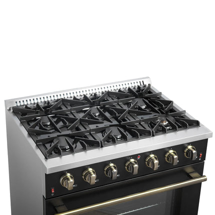 Forno Galiano 36-inch Freestanding Gas Range in Black with Antique Brass Design, 6 Burners, 83,000 BTU, 5.36 cu.ft. Convection Oven FORNO