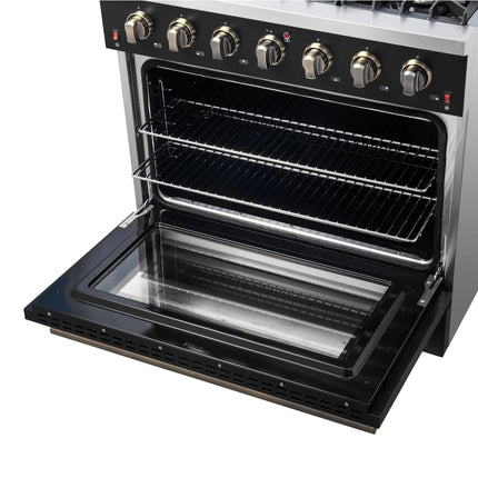Forno Galiano 36-inch Freestanding Gas Range in Black with Antique Brass Design, 6 Burners, 83,000 BTU, 5.36 cu.ft. Convection Oven FORNO