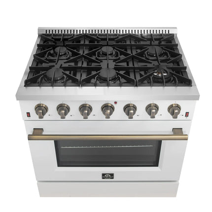 Forno Galiano 36-inch Freestanding Gas Range in White with Antique Brass Design, 6 Burners, 83,000 BTU, 5.36 cu.ft. Convection Oven FORNO