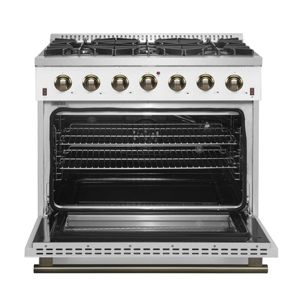 Forno Galiano 36-inch Freestanding Gas Range in White with Antique Brass Design, 6 Burners, 83,000 BTU, 5.36 cu.ft. Convection Oven FORNO