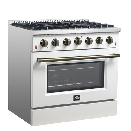 Forno Galiano 36-inch Freestanding Gas Range in White with Antique Brass Design, 6 Burners, 83,000 BTU, 5.36 cu.ft. Convection Oven FORNO