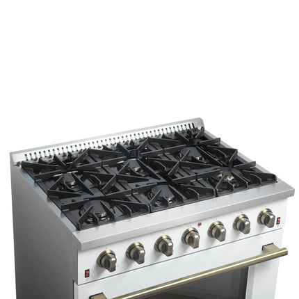 Forno Galiano 36-inch Freestanding Gas Range in White with Antique Brass Design, 6 Burners, 83,000 BTU, 5.36 cu.ft. Convection Oven FORNO
