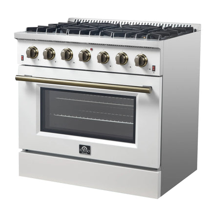 Forno Galiano 36-inch Freestanding Gas Range in White with Antique Brass Design, 6 Burners, 83,000 BTU, 5.36 cu.ft. Convection Oven FORNO