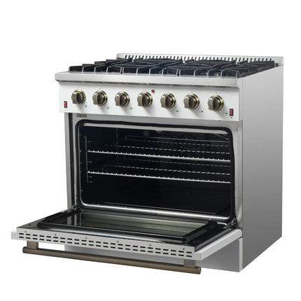 Forno Galiano 36-inch Freestanding Gas Range in White with Antique Brass Design, 6 Burners, 83,000 BTU, 5.36 cu.ft. Convection Oven FORNO