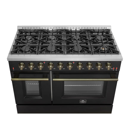 FORNO Galiano 48-inch Gas Range Black & Antique Brass Design, 8 Burners, 107,000 BTU, Griddle, 6.58 cu.ft. Double Ovens FORNO