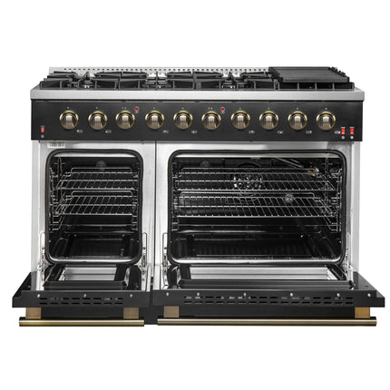 FORNO Galiano 48-inch Gas Range Black & Antique Brass Design, 8 Burners, 107,000 BTU, Griddle, 6.58 cu.ft. Double Ovens FORNO