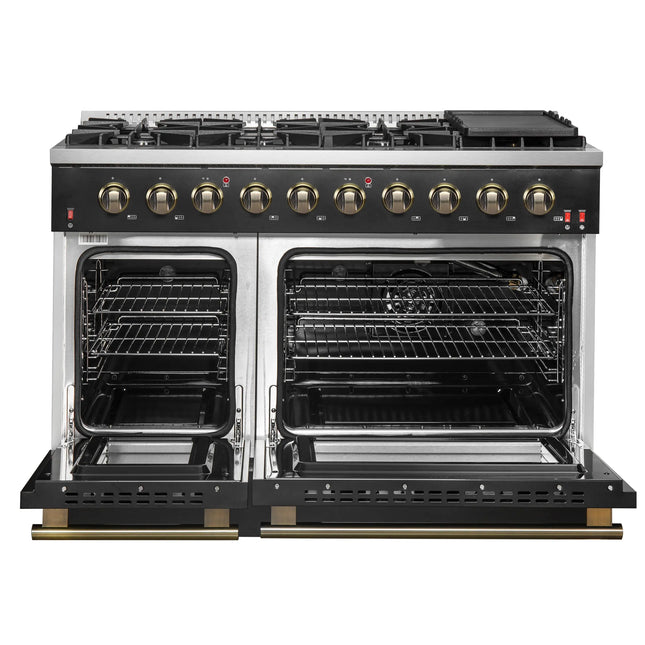 FORNO Galiano 48-inch Gas Range Black & Antique Brass Design, 8 Burners, 107,000 BTU, Griddle, 6.58 cu.ft. Double Ovens FORNO