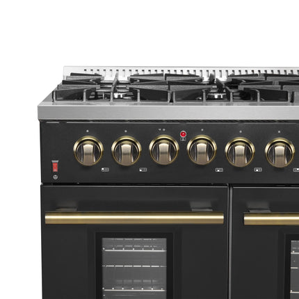FORNO Galiano 48-inch Gas Range Black & Antique Brass Design, 8 Burners, 107,000 BTU, Griddle, 6.58 cu.ft. Double Ovens FORNO