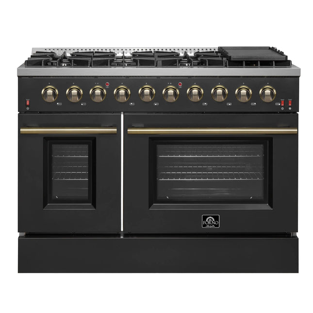 FORNO Galiano 48-inch Gas Range Black & Antique Brass Design, 8 Burners, 107,000 BTU, Griddle, 6.58 cu.ft. Double Ovens FORNO