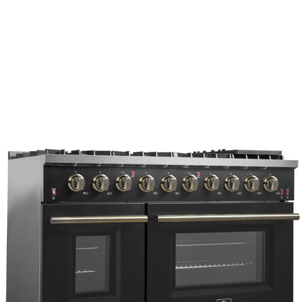 FORNO Galiano 48-inch Gas Range Black & Antique Brass Design, 8 Burners, 107,000 BTU, Griddle, 6.58 cu.ft. Double Ovens FORNO