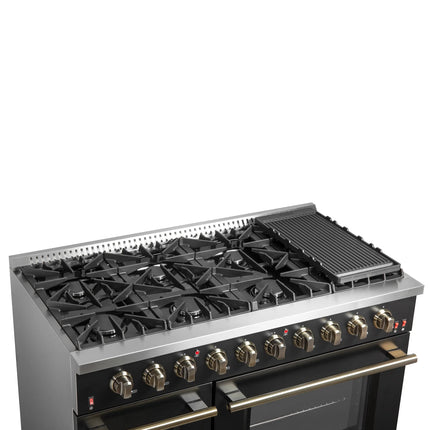 FORNO Galiano 48-inch Gas Range Black & Antique Brass Design, 8 Burners, 107,000 BTU, Griddle, 6.58 cu.ft. Double Ovens FORNO