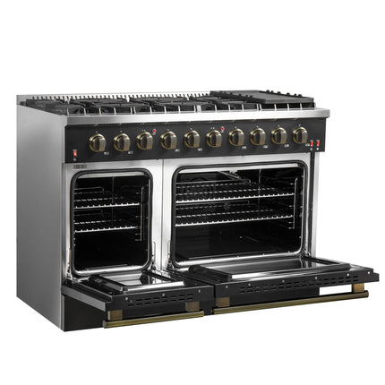 FORNO Galiano 48-inch Gas Range Black & Antique Brass Design, 8 Burners, 107,000 BTU, Griddle, 6.58 cu.ft. Double Ovens FORNO