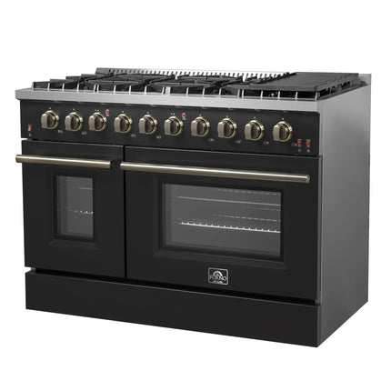 FORNO Galiano 48-inch Gas Range Black & Antique Brass Design, 8 Burners, 107,000 BTU, Griddle, 6.58 cu.ft. Double Ovens FORNO