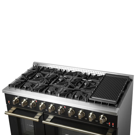 FORNO Galiano 48-inch Gas Range Black & Antique Brass Design, 8 Burners, 107,000 BTU, Griddle, 6.58 cu.ft. Double Ovens FORNO