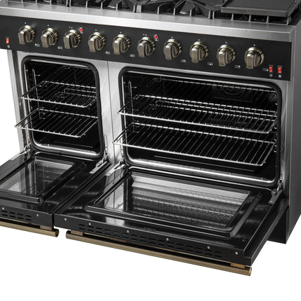 FORNO Galiano 48-inch Gas Range Black & Antique Brass Design, 8 Burners, 107,000 BTU, Griddle, 6.58 cu.ft. Double Ovens FORNO