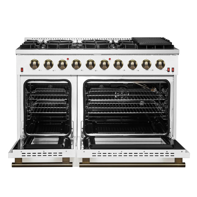 FORNO Galiano 48-inch Gas Range White & Antique Brass Design, 8 Burners, 107,000 BTU, Griddle, 6.58 cu.ft. Double Ovens FORNO