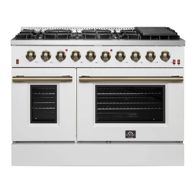 FORNO Galiano 48-inch Gas Range White & Antique Brass Design, 8 Burners, 107,000 BTU, Griddle, 6.58 cu.ft. Double Ovens FORNO