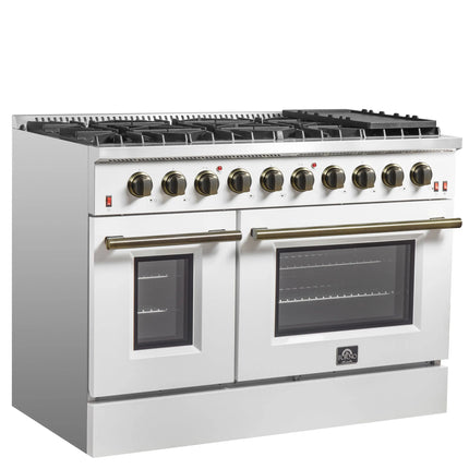 FORNO Galiano 48-inch Gas Range White & Antique Brass Design, 8 Burners, 107,000 BTU, Griddle, 6.58 cu.ft. Double Ovens FORNO