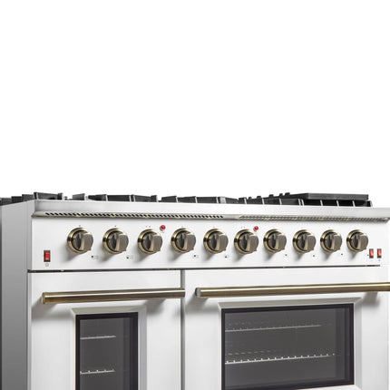 FORNO Galiano 48-inch Gas Range White & Antique Brass Design, 8 Burners, 107,000 BTU, Griddle, 6.58 cu.ft. Double Ovens FORNO