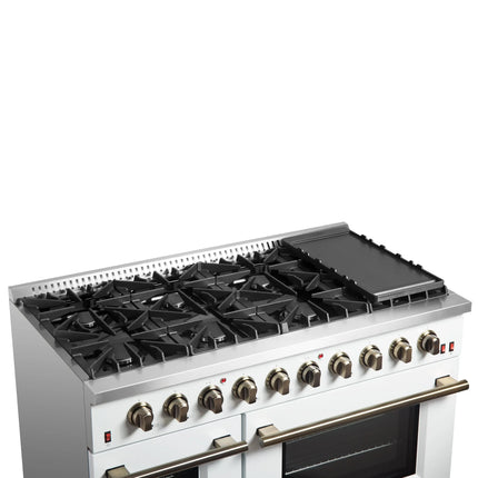 FORNO Galiano 48-inch Gas Range White & Antique Brass Design, 8 Burners, 107,000 BTU, Griddle, 6.58 cu.ft. Double Ovens FORNO