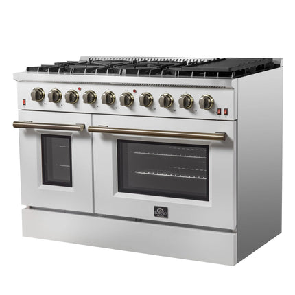 FORNO Galiano 48-inch Gas Range White & Antique Brass Design, 8 Burners, 107,000 BTU, Griddle, 6.58 cu.ft. Double Ovens FORNO