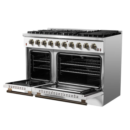 FORNO Galiano 48-inch Gas Range White & Antique Brass Design, 8 Burners, 107,000 BTU, Griddle, 6.58 cu.ft. Double Ovens FORNO