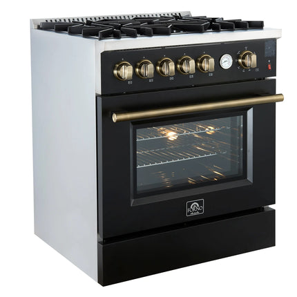 Giovanni 30-inch Gas Range Black & Antique Brass Design, 5 Burners 67,000 BTU, 4.32 cu.ft. Convection Oven FORNO