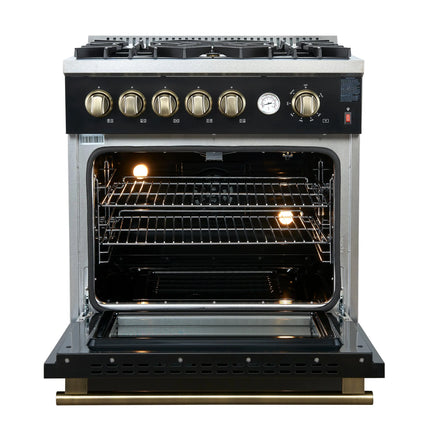Giovanni 30-inch Gas Range Black & Antique Brass Design, 5 Burners 67,000 BTU, 4.32 cu.ft. Convection Oven FORNO