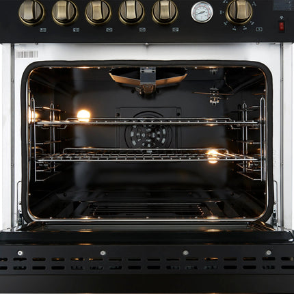 Giovanni 30-inch Gas Range Black & Antique Brass Design, 5 Burners 67,000 BTU, 4.32 cu.ft. Convection Oven FORNO