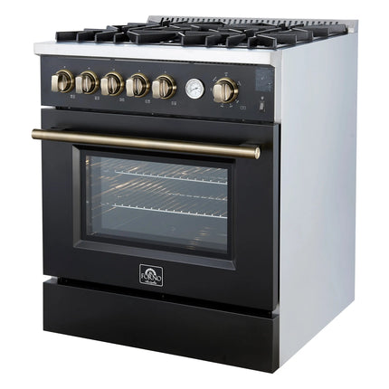 Giovanni 30-inch Gas Range Black & Antique Brass Design, 5 Burners 67,000 BTU, 4.32 cu.ft. Convection Oven FORNO