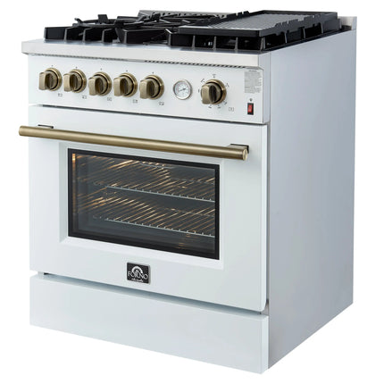 Giovanni 30-inch Gas Range White & Antique Brass Design, 5 Burners 67,000 BTU, 4.32 cu.ft. Convection Oven FORNO