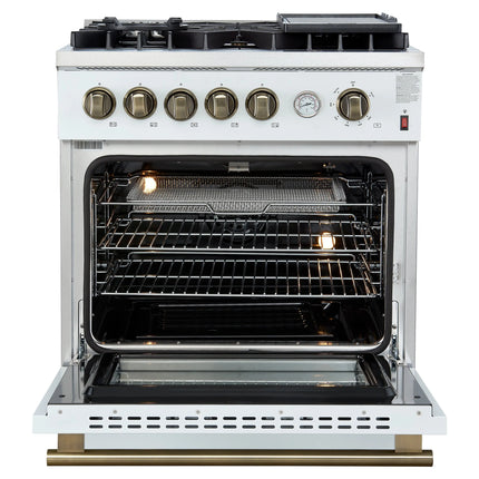 Giovanni 30-inch Gas Range White & Antique Brass Design, 5 Burners 67,000 BTU, 4.32 cu.ft. Convection Oven FORNO
