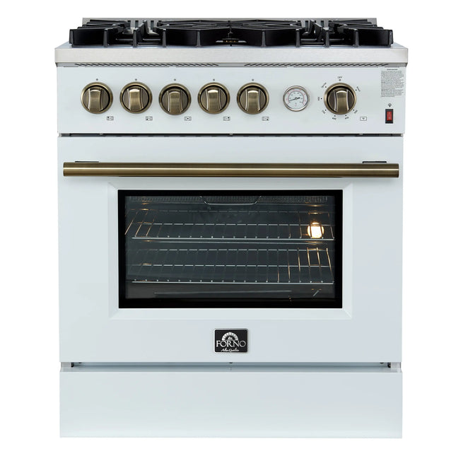 Giovanni 30-inch Gas Range White & Antique Brass Design, 5 Burners 67,000 BTU, 4.32 cu.ft. Convection Oven FORNO