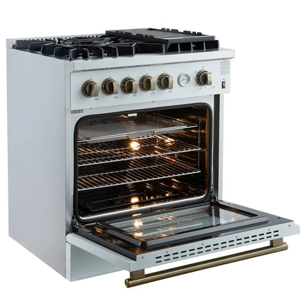 Giovanni 30-inch Gas Range White & Antique Brass Design, 5 Burners 67,000 BTU, 4.32 cu.ft. Convection Oven FORNO