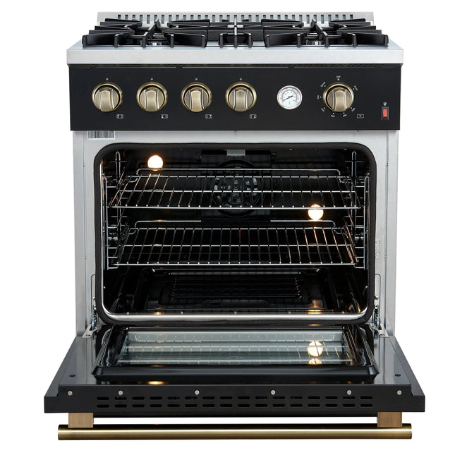Marco 30-inch Gas Range Black & Antique Brass Design, 4 Burners 37,000 BTU, 4.32 cu.ft. Convection Oven FORNO