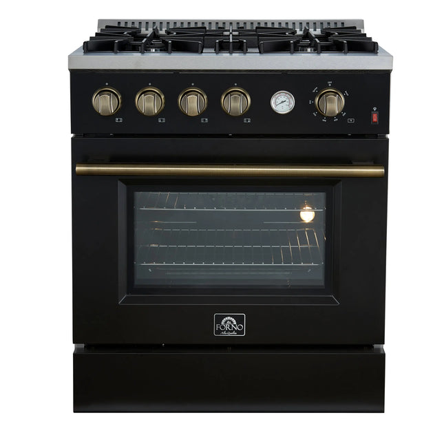 Marco 30-inch Gas Range Black & Antique Brass Design, 4 Burners 37,000 BTU, 4.32 cu.ft. Convection Oven FORNO