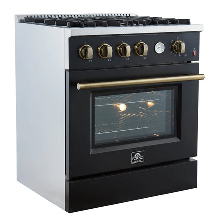 Marco 30-inch Gas Range Black & Antique Brass Design, 4 Burners 37,000 BTU, 4.32 cu.ft. Convection Oven FORNO