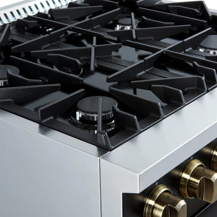 Marco 30-inch Gas Range Black & Antique Brass Design, 4 Burners 37,000 BTU, 4.32 cu.ft. Convection Oven FORNO