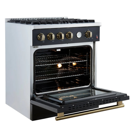 Marco 30-inch Gas Range Black & Antique Brass Design, 4 Burners 37,000 BTU, 4.32 cu.ft. Convection Oven FORNO