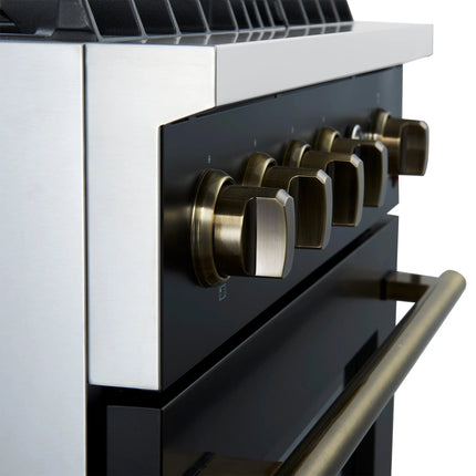 Marco 30-inch Gas Range Black & Antique Brass Design, 4 Burners 37,000 BTU, 4.32 cu.ft. Convection Oven FORNO