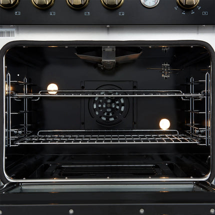 Marco 30-inch Gas Range Black & Antique Brass Design, 4 Burners 37,000 BTU, 4.32 cu.ft. Convection Oven FORNO